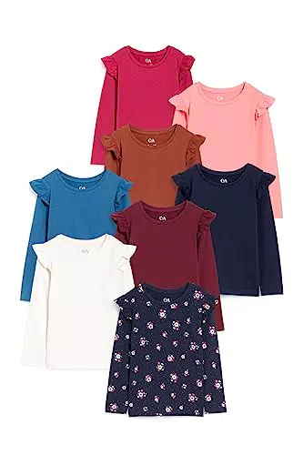 C&A Kinder Mädchen T-Shirt Langärmelig Unifarben|Bedruckt 8er Pack|Multipack dunkelblau 128