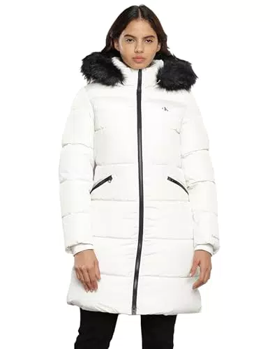 Calvin Klein Jeans Damen Mantel Faux Fur Hooded Fitted Long Winter