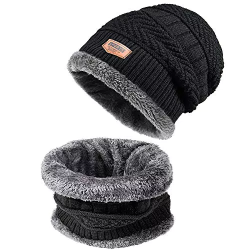 Czemo Wintermütze Warm Strickmütze und Schal Herren Mütze Schal Sets Unisex Warm gestrickt Dick Draussen Schal Set