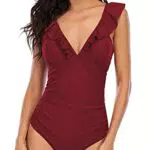 Damen Badeanzug mit Rüschen Volant Einteiliger Bademode V-Ausschnitt Strandbikini Monokinis Bauchweg Swimsuit