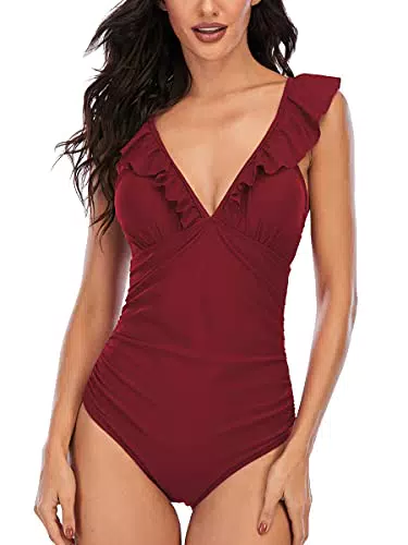 Damen Badeanzug mit Rüschen Volant Einteiliger Bademode V-Ausschnitt Strandbikini Monokinis Bauchweg Swimsuit