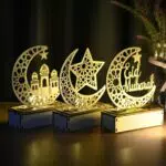 DAOUZL Ramadan Holz Lichter Dekoation, 3 Stück Eid Mubarak Tischdekoration Mond Stern Nachtlichter
