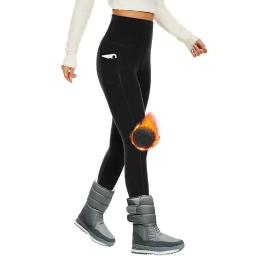 DDOBB Thermo Leggings Damen Mit Taschen Winter Gefüttert Sportleggins Teddy High Waist Lange Flecce Hose Warm Outdoor Freizeithose Thermounterwäsche Yogapants