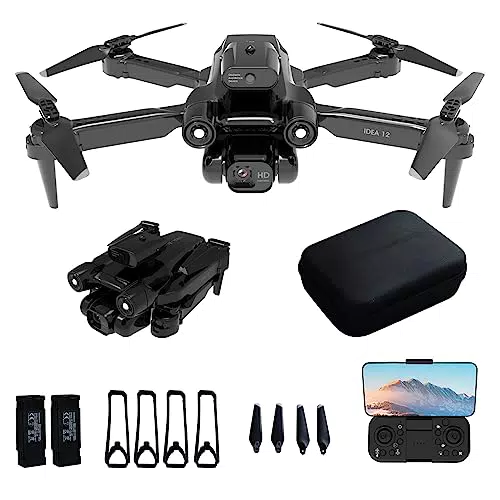 IDEA12 Drohne mit 2 Kamera Drohnen mit Aktiven Hindernisvermeidung Drone Kamera Elektrisch Verstellbarer RC Drones WiFi FPV Übertragung Quadcopter für Erwachsene und Kinder Dual Kameras 2 Batterien