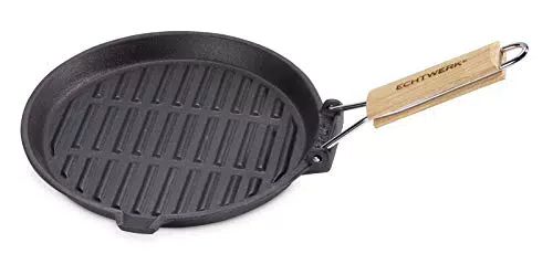 ECHTWERK EW-GE-1235 Grillpfanne aus Gusseisen mit Grillstreifen-mit Holzgriff