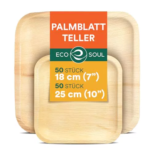 ECO SOUL 100 % kompostierbare, 25, 4 cm & 17, 8 cm Palmblatt-Teller I Premium-Einwegteller-Set I strapazierfähige