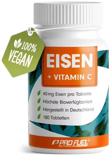 Eisentabletten 180x mit 40 mg Eisen + Vitamin C aus Hagebutten - Tabletten VEGAN mit bioverfügbarem