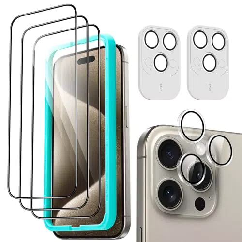 ESR iPhone 15 Pro Max Displayschutzfolien-Set, 3 Displayschutzfolien aus gehärtetem Glas und 2 Set einzelner Kamera Schutzfolien