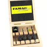 FAMAG 3574 Bohrer-Senker-Satz im Holzkasten: 3, 4, 5 & 6 mm + Tiefenstellring und Aufsteckversenker - 3754.504