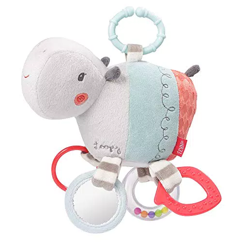 Fehn 059052 Activity-Nilpferd mit Ring - Motorikspielzeug zum Aufhängen mit spannenden Anhängern zum Greifen und Geräusche erzeugen - ein perfekter Begleiter für Babys und Kleinkinder ab 0+ Monaten