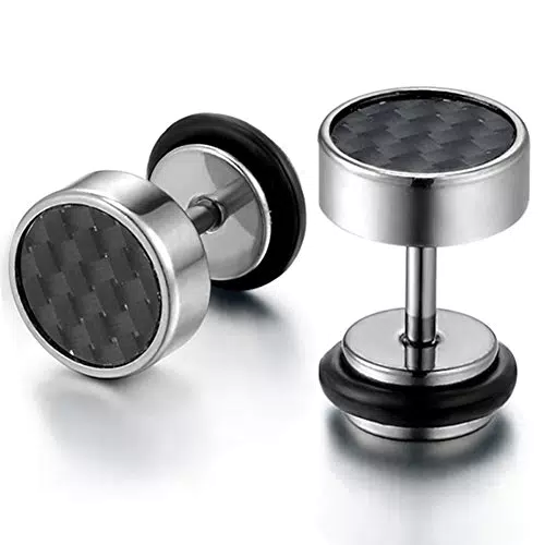 Flong Männer Ohrstecker Damen Ohrringe, 8mm Edelstahl Gestüt Stecker Kohlenstoff Carbon Fiber Kohlefaser Ohrringe Ohrstecker Ohrhänger Silber Schwarz Fake Plug Tunnel Herren …