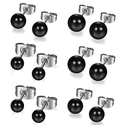 Flongo Perlen Damen Ohrstecker Set schwarz 12 Stück 3~8mm Edelstahl Kugel Ohrringe Ohrstecker Stud Fake Plug Fakeplugs Silber Schwarz Kugel Perle Perlen Charm Charme Elegant Damen 6 Paar Set