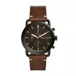 Fossil Herrenuhr Commuter, QuarzChronographenwerk, 42 mm schwarzes Edelstahlgehäuse mit Lederarmband