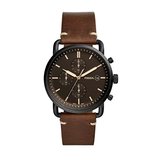 Fossil Herrenuhr Commuter, QuarzChronographenwerk, 42 mm schwarzes Edelstahlgehäuse mit Lederarmband