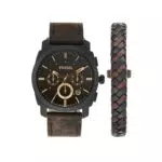 Fossil Herrenuhr Machine, QuarzChronographenwerk, 42 mm schwarzes Edelstahlgehäuse mit Lederarmband