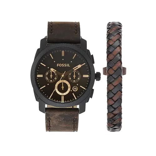 Fossil Herrenuhr Machine, QuarzChronographenwerk, 42 mm schwarzes Edelstahlgehäuse mit Lederarmband