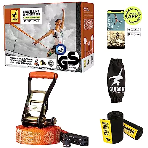 Gibbon Slacklines Travel Line, Leichtes, Kompaktes 15m Slackline-Set für Anfänger & Fortgeschrittene