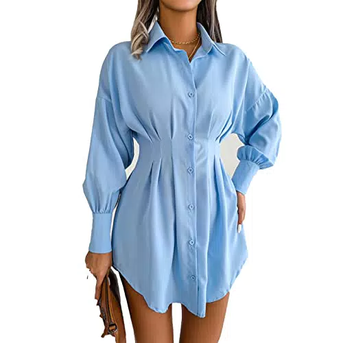 GOTOTOP Damen V Ausschnitt Mini Hemdkleid Casual Langarm Knöpfen Tunika Gerafft Freizeitkleid
