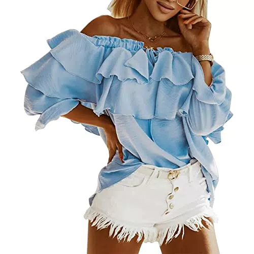 GOTOTOP Schulterfrei Oberteile 3/4 Geschichtete Rüschenärmel Rückenfrei T-Shirts Bluse Tops