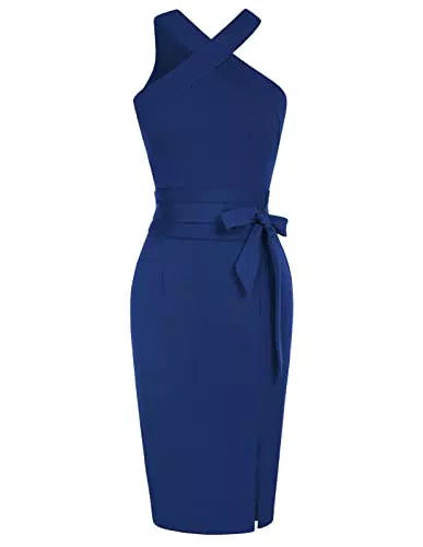 Damen Bankett Dinner Kleid 60er Jahre Sommer V-Ausschnitt A-Linie Ärmellos Retro Abendkleid Graublau S