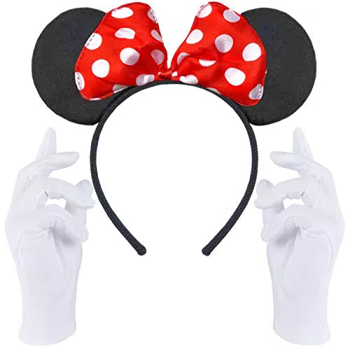 Hatstar Maus Ohren Haarreif, in schwarz mit roter Schleife + weiße Handschuhe