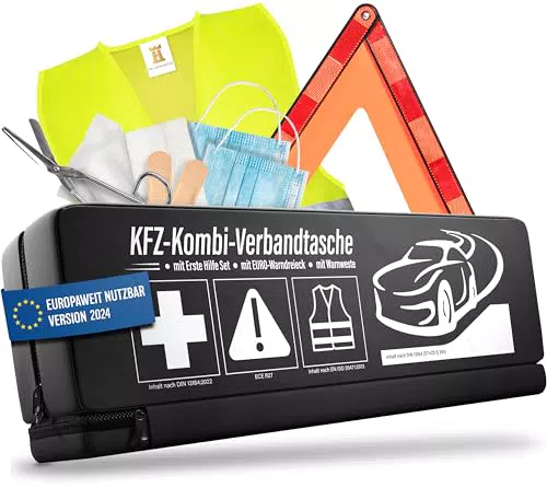 HELDENWERK 3 in 1 Erste Hilfe Set Auto 2024 europaweit einsetzbar & geprüft I KFZ Kombitasche mit Warnweste