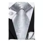 Hi-Tie Silber-weiße Blumen-Krawatten-Sets Taschentuch-Manschettenknöpfe Hochzeits-Krawatten für Herren-Party-Meeting