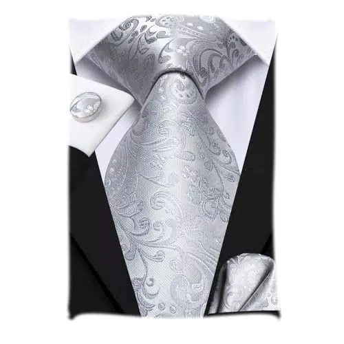 Hi-Tie Silber-weiße Blumen-Krawatten-Sets Taschentuch-Manschettenknöpfe Hochzeits-Krawatten für Herren-Party-Meeting