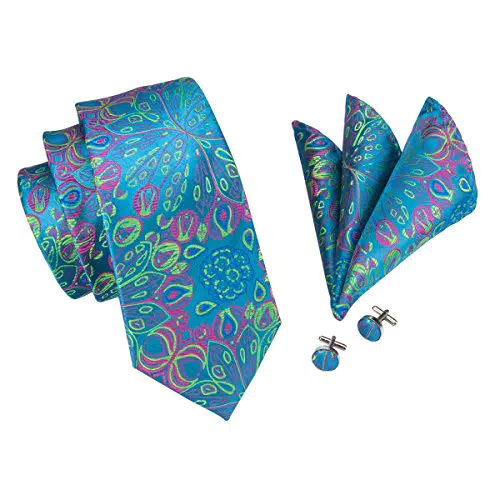 Hi-Tie Teal Blue Krawatten für Herren Einstecktuch Manschettenknöpfe Floral Krawatten Hochzeit Business