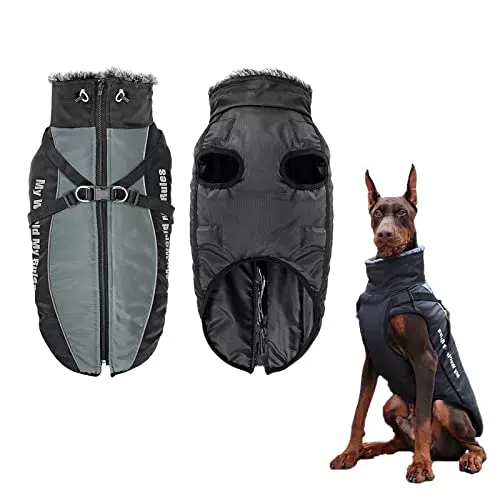 Hundejacke mit Geschirr, Gefütterte Hunde Winterjacke mit Leine wasserdichte Hunde-Winterjacke Wasserdichter Reflektierender Kaltwetter-Hundemäntel mit Geschirr Reißverschluss