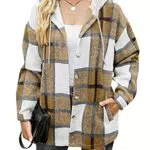 HVEPUO Flanellhemd Damen Kariert mit Kapuze Hemdjacke Knöpfen Langarm Hoodie Shacket Frauen Karierte Jacke Holzfällerjacke Mit Brusttaschen Khaki X