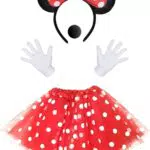 iZoeL Damen Maus Mouse Kostüm Rot Tutu mit weiß Gepunktet + Haarreifen mit Maus Ohren + Handschuhe + Nase für Fasching Karneval Motto Cosplay Party
