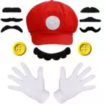 iZoeL Mario Luigi Kostüm Accessories Mütze Hut Handschuhe Bart gelbe Knöpfe Faschingkostüme für Fasching Karneval Halloween Cosplay Mottoparty Kostüm für Kinder Damen Herren