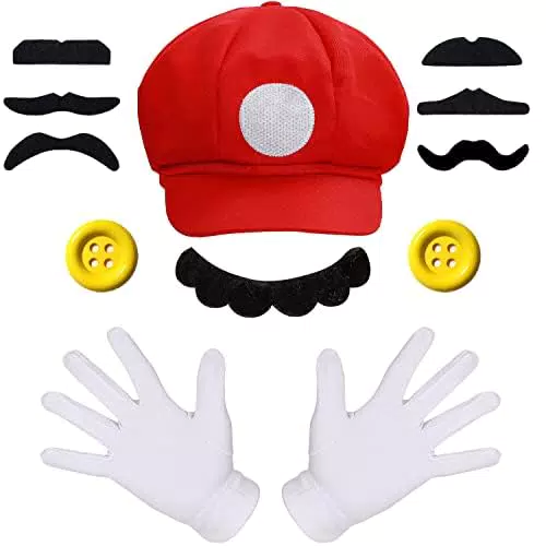 iZoeL Mario Luigi Kostüm Accessories Mütze Hut Handschuhe Bart gelbe Knöpfe Faschingkostüme für Fasching Karneval Halloween Cosplay Mottoparty Kostüm für Kinder Damen Herren