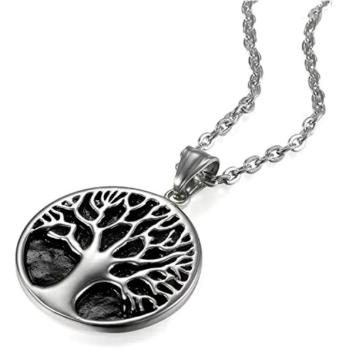 JewelryWe Schmuck Herren Damen Halskette, Edelstahl Lebensbaum Baum des Lebens Runden Anhänger mit Kette Gold Schwarz Silber