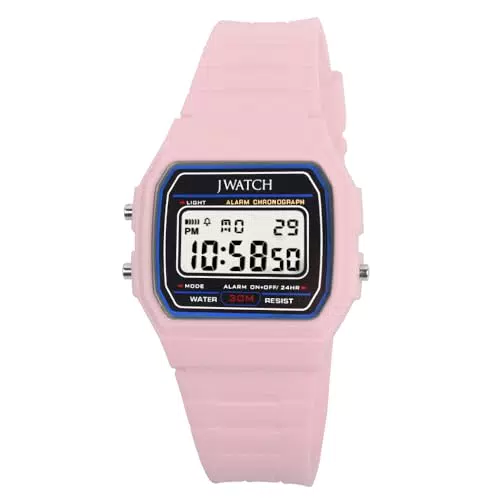 JWATCH Casual Sport Watch Vintage Collection Unisex Digital Armbanduhr 30M wasserdichte Sportuhr Stoppuhr Kalender leuchtende Digitaluhr mit Wecker in pink rosa