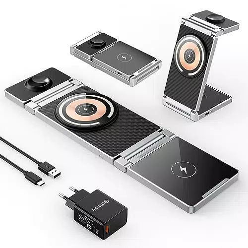 Kabelloses Ladegerät, Hohosb 3 in 1 Zinklegierung Faltbar Magnetische Ladestationfür iPhone 15/14/13/12 Series