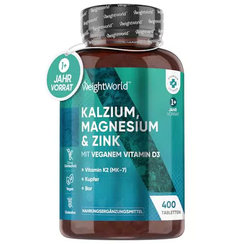 Kalzium, Magnesium, Zink - 400 vegane Tabletten mit Vitamin D3