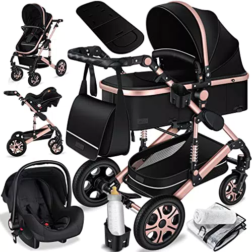 KESSER Loops 3 in 1 Kinderwagen Kombikinderwagen Komplett-Set inkl. Babywanne & Buggy Sportsitz & Auto-Babyschale Voll-Gummireifen Wickeltasche Regenschutz Kindertisch ECE R129 Schwarz/Rosé Gold