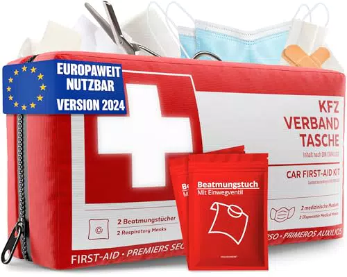 KFZ Verbandstasche nach aktueller Norm 2024 inkl. Beatmungstüchern - KFZ Verbandskasten europaweit nutzbar - Erste Hilfe Set Verbandkasten DIN 13164:2022