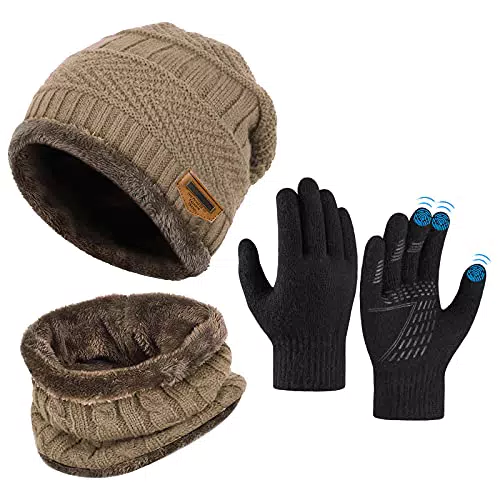 Kinder Wintermütze Schal Touchscreen Handschuhe Set - Beanie Strickmütze Winterschal Thermo Handschuhe