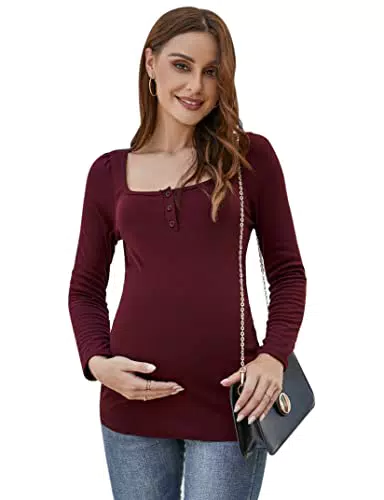 KOJOOIN Damen Schwanger Shirt Umstandsbluse Schwangerschafts Langarm Stillshirt Umstandspullover Umstandsmode Quadratischer Kragen mit Seite Geraffen Weinrot