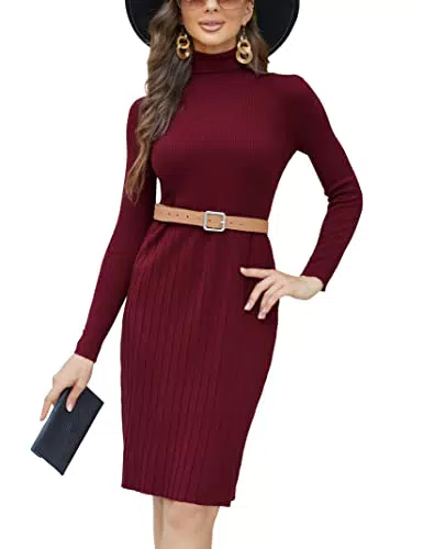 KOJOOIN Damen Strickkleid Pulloverkleid Rollkragen Midikleid Langarm Tunika Kleid Strickpullover Pullikleid Elegant Freizeitkleid
