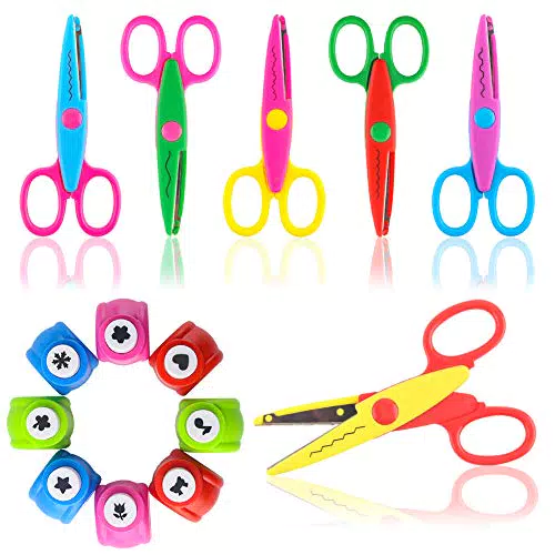 Koogel Kinder Bastelscheren Set, 6 Stk. Kinder Zickzackschere 8 Stk. Papierstanzer mit verschiedenen Schnittmustern Bunte Kinderschere für Stempel Kreatives Basteln Deko DIY Fotogestaltung