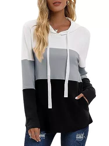 Lantch Damen Hoodies Farbblock Sweatshirt Gestreifte Pullover Casual Kapuzenpullover Langarm Shirts Kordelzug Oberteil mit Taschen