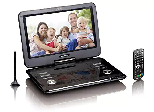 Lenco Tragbarer DVD-Player DVP - DVB-T2 Empfänger - 12 Zoll DVD-Player mit Fernseher - DVB-T2 Tuner - integrierter Li-Ionen Akku - 12 Volt KfZ Adapter - Antenne - Fernbedienung - Schwarz