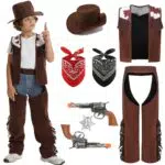 Mrsclaus Kinder Cowboy Kostüm Set Deluxe Western Polizei Cosplay Karneval Kostüm mit Zubehör Cowboy Weste Hut Halstuch Bandana Geburtstagsparty Mottoparty Dress Up Outfit C046A