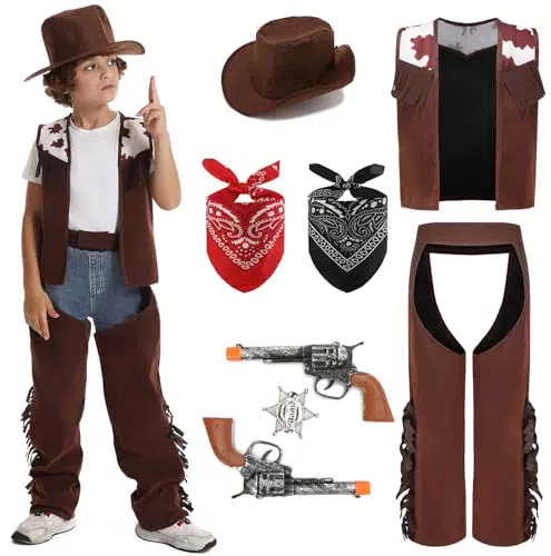 Mrsclaus Kinder Cowboy Kostüm Set Deluxe Western Polizei Cosplay Karneval Kostüm mit Zubehör Cowboy Weste Hut Halstuch Bandana Geburtstagsparty Mottoparty Dress Up Outfit C046A