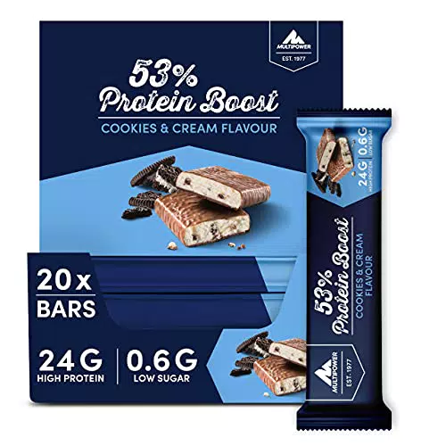 Multipower 53% Protein Boost 20 x 45 g Protein Riegel Cookies & Cream mit 53% hochwertigem Protein 24 g Eiweiß und 1