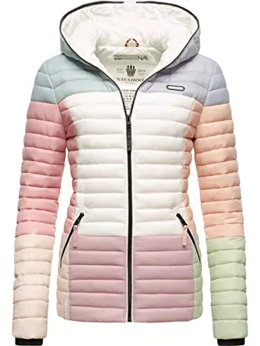 Navahoo Damen Übergangsjacke Colorblocking leichte Steppjacke mit Kapuze Multikulti Multicolour Pastel Gr